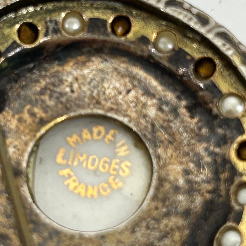 Vintage Limoges Porcelain Cameo Brooch Faux Pearls Rhinestones Hand Painted READ - Picture 7 of 16